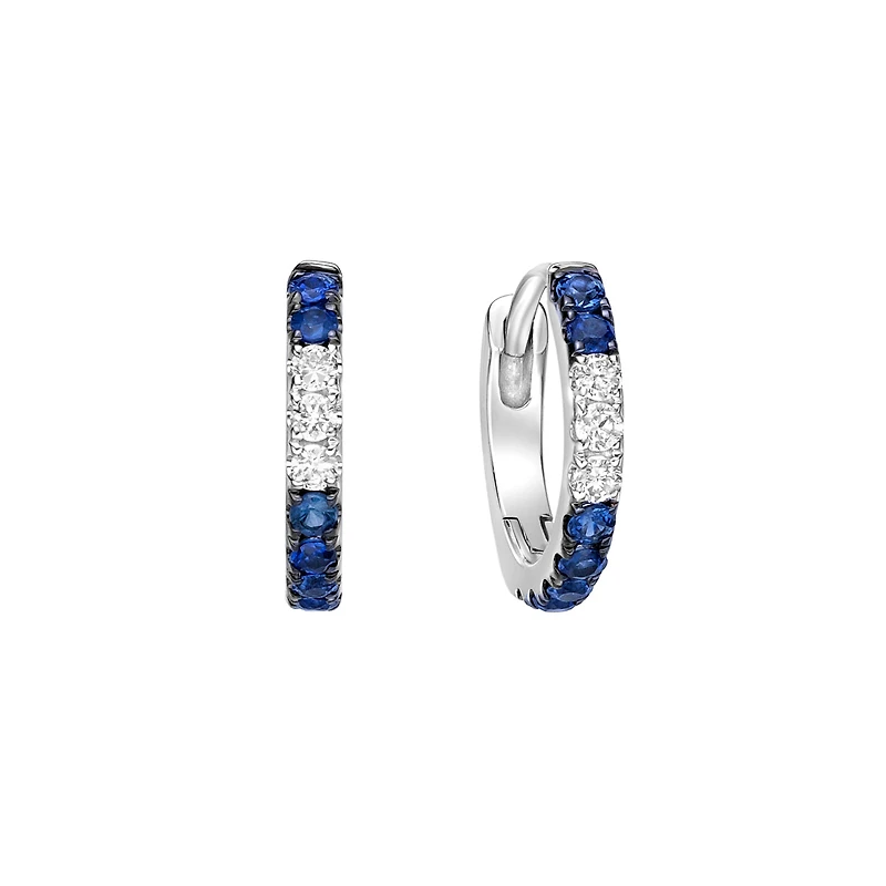 10K White Gold Classic Sapphire Hoop Earrings with Diamond Accent