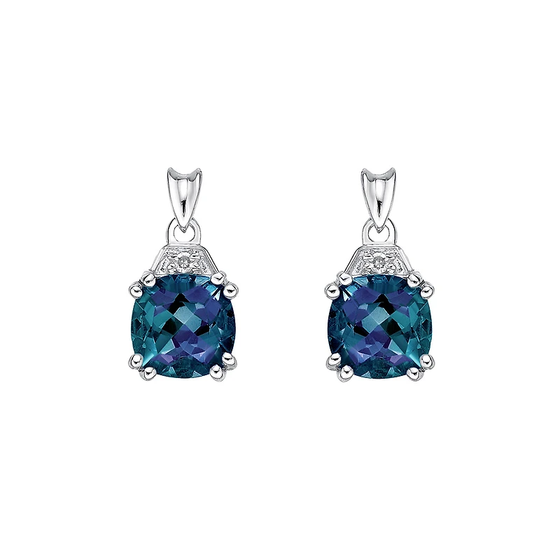 10K White Gold 6mm Cushion Cut Created Alexandrite and 0.01cttw Diamond Earrings
