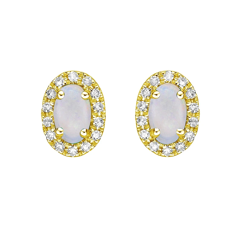 10K Yellow Gold Prong-set White Opal Earring with Diamond Halo