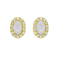 10K Yellow Gold Prong-set White Opal Earring with Diamond Halo