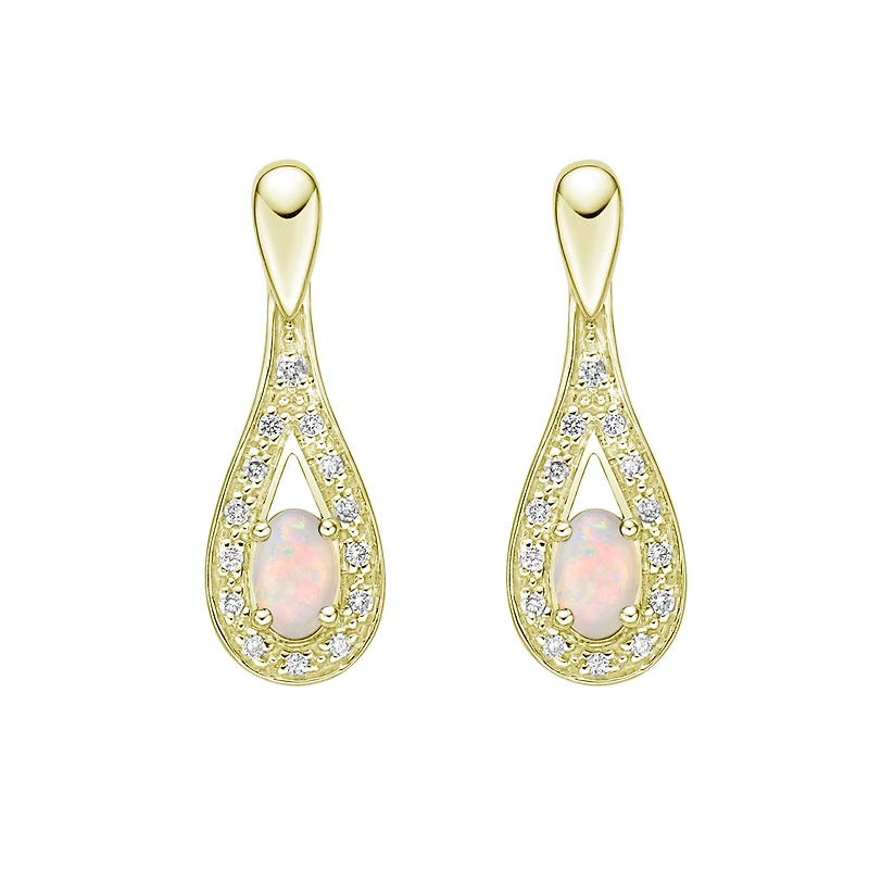 10K Yellow Gold Prong-set White Opal Earrings with Diamond Halo