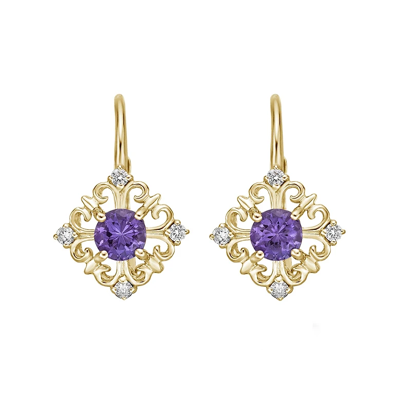 10K Yellow Gold Amethyst Earrings with Diamond Accent