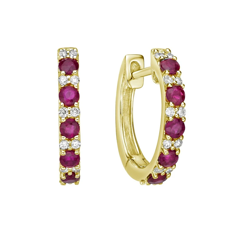 10K Yellow Gold Classic Ruby & Diamond Hoop Earrings