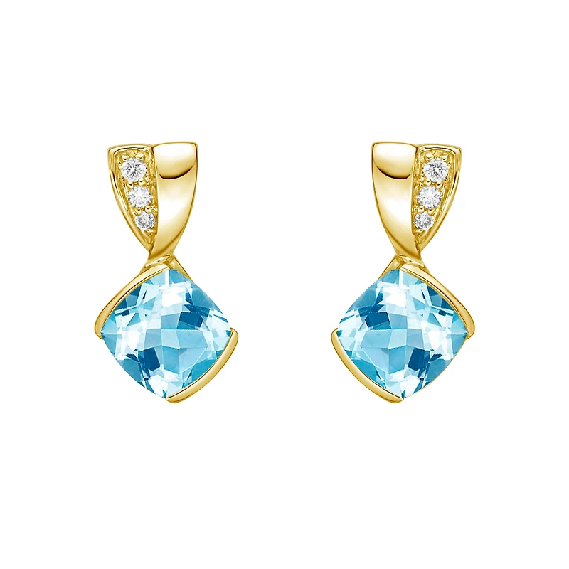 10K Yellow Gold Contemporary half channel bBlue Topaz Earrings with Diamond Accent