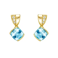 10K Yellow Gold Contemporary half channel bBlue Topaz Earrings with Diamond Accent