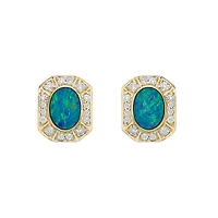 10K Yellow Gold Bezel-set Australian Opal Doublet Earrings with Diamond Halo