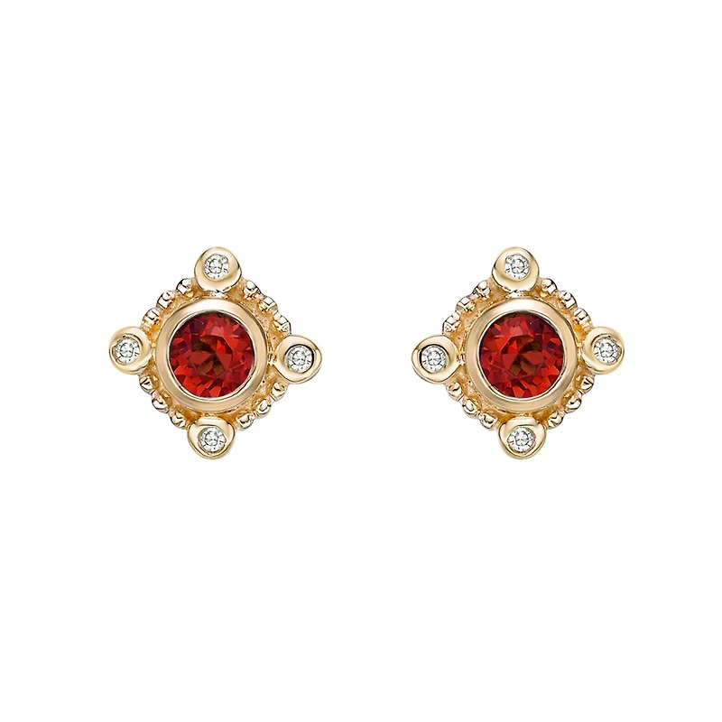 10K Yellow Gold Bezel-set Garnet Earrings with Diamond Accent