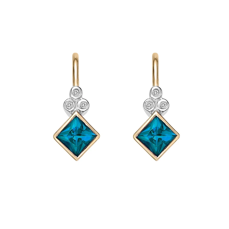 10K Yellow Gold Bezel-set lon Blue Topaz Earrings with Diamond Accent