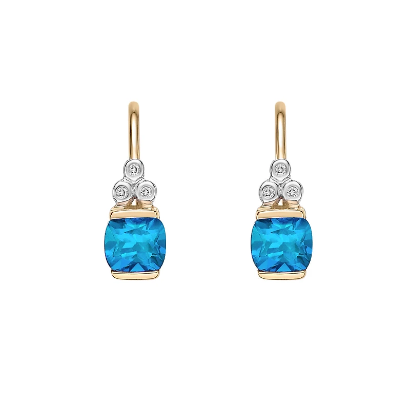 10K Yellow Gold Half channel-set Swiss Blue Topaz Earrings with Diamond Accent