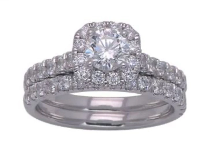 14K Gold 1.75cttw Natural Diamond Halo Engagement and Wedding Band Set - /