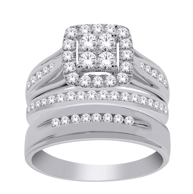 14K Gold 1.00cttw Natural Diamond Halo Engagement and Wedding Band Set Includes Third - /