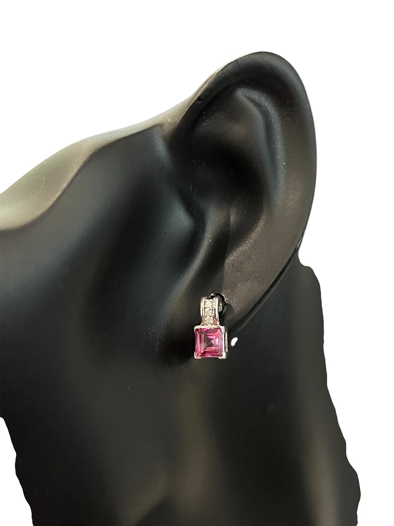10K White Gold Pink Topaz and Diamond Earring - White gold
