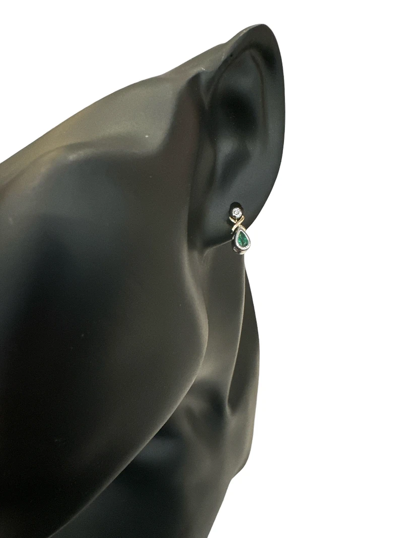 10K White and Yellow Gold Emerald & Diamond Earring