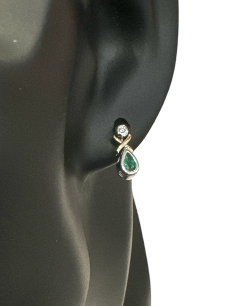 10K White and Yellow Gold Emerald & Diamond Earring