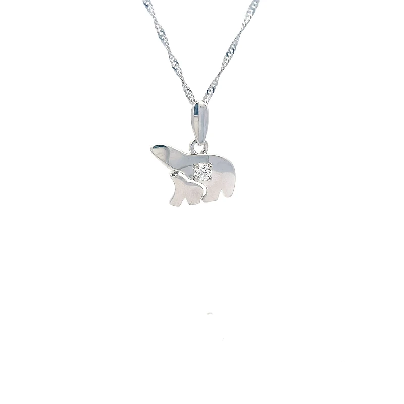 14K White  Gold 0.27cttw Diamond Mother and Cub Necklace with Singapore Chain (Spring Clasp) - Adjustable 16 & 18 Inches
