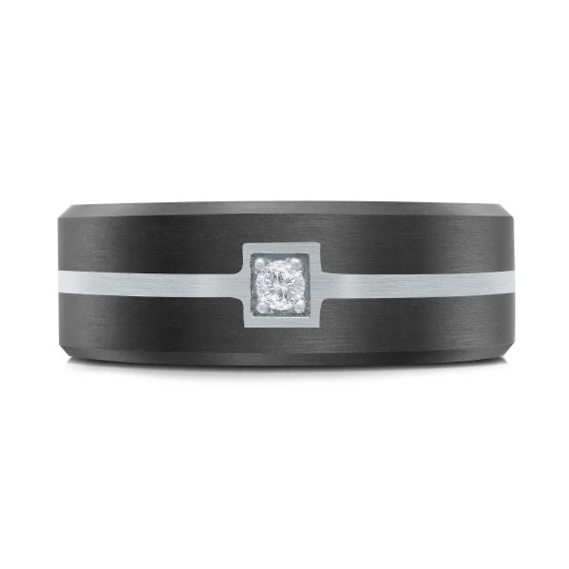 14K White Gold and Carbon-Fiber and 0.05cttw Diamond Mens Band
