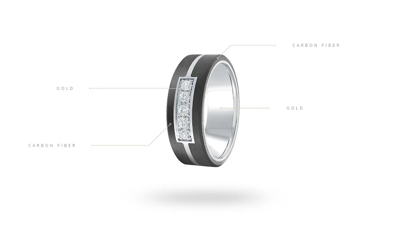 14K White Gold and Carbon-Fiber and 0.15cttw Diamond Mens Band