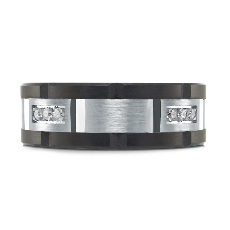 14K White Gold and Carbon-Fiber and 0.24cttw Diamond Mens Band