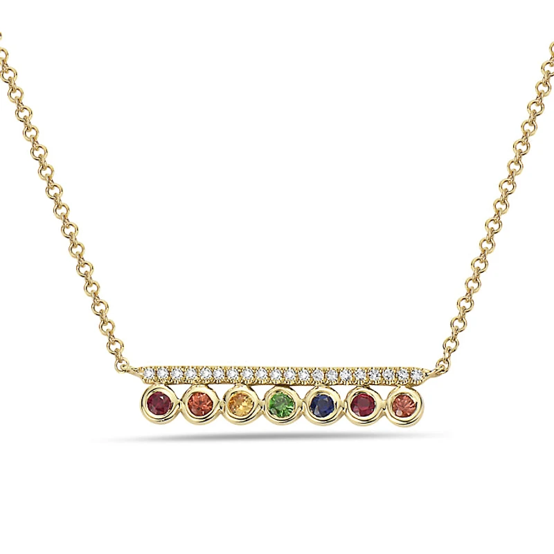 14K Yellow Gold Multi Stone and Diamond Pendant, 18"
