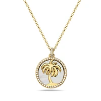 14K Yellow Gold and 0.11cttw Diamond with Mother of Pearl Palm Tree Necklace, 18 inches