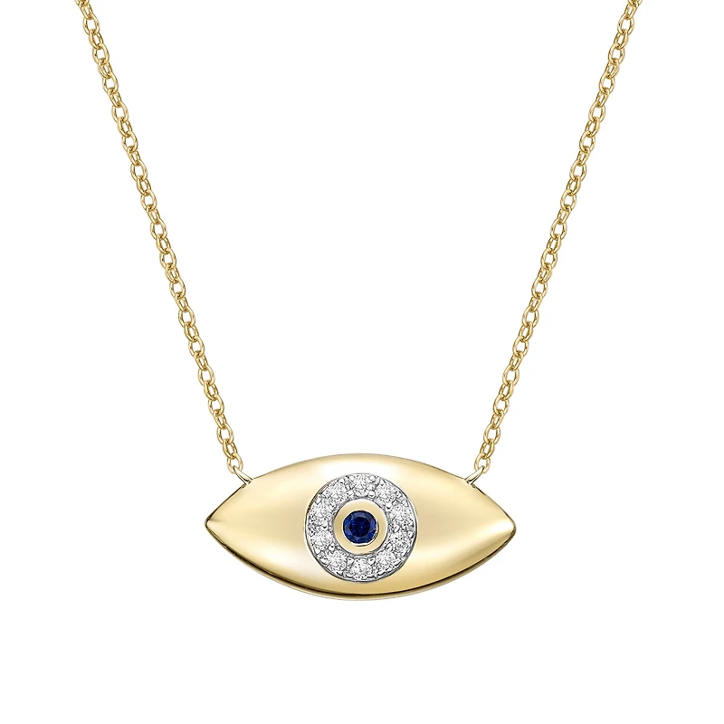10K Yellow Gold Pave-set blue Sapphire & Diamond evil eye Necklace