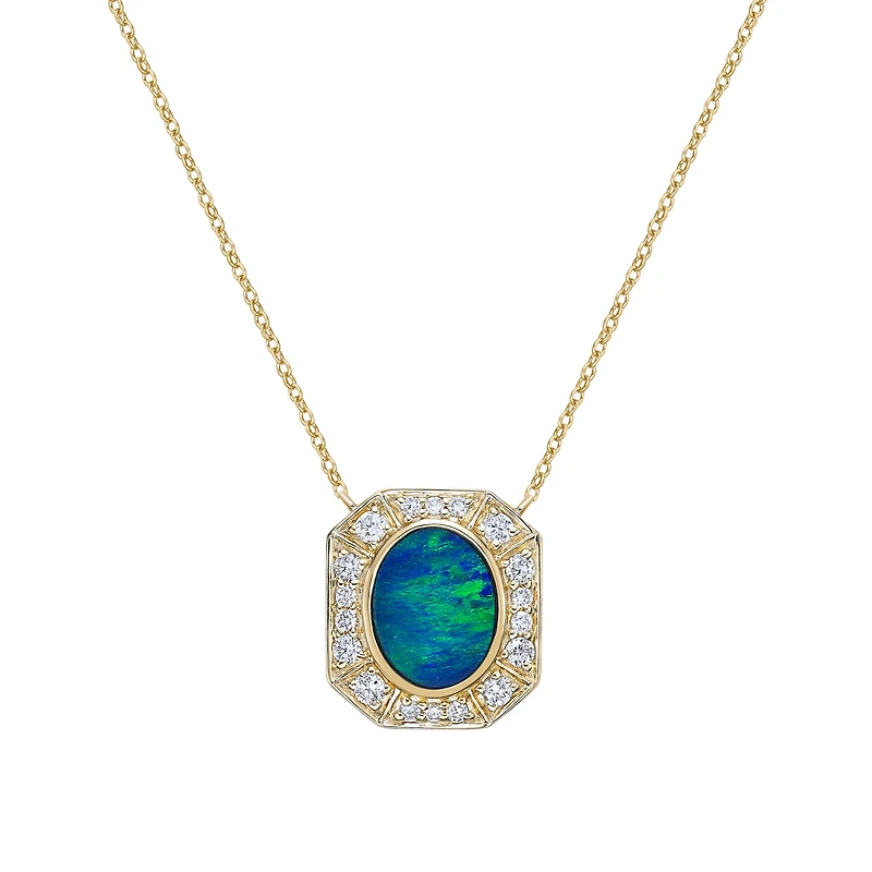 10K Yellow Gold Bezel-set australian Opal Doublet Necklace with Diamond Halo