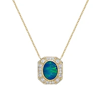 10K Yellow Gold Bezel-set australian Opal Doublet Necklace with Diamond Halo