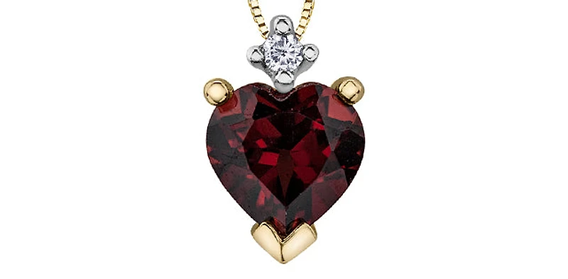10K Yellow Gold Garnet and Diamond Heart Pendant, 18"