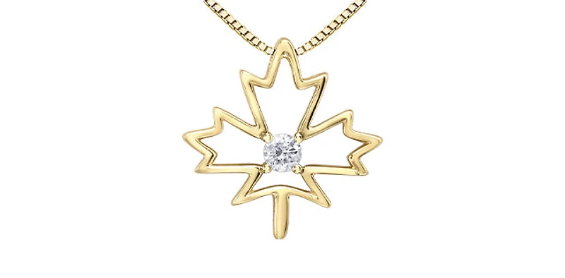10K  Yellow Gold 0.08cttw Canadian Diamond Maple Leaf Necklace, 18"