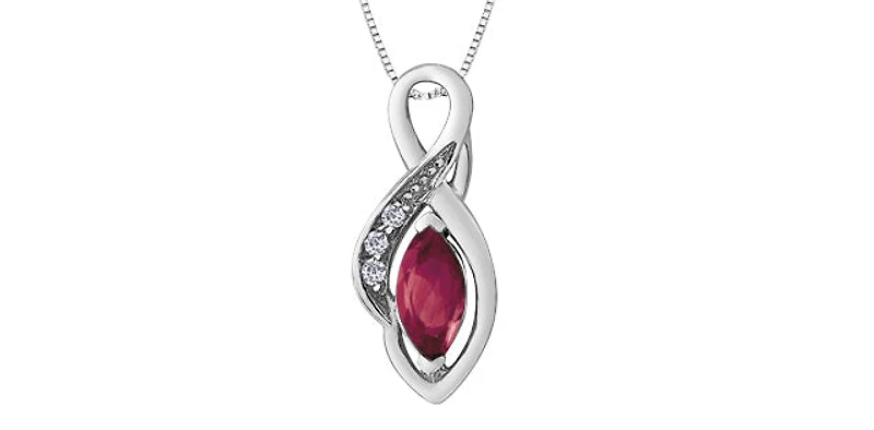 10K White Gold Diamond and Ruby Pendant, 18"