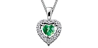 10K White Gold Emerald and Diamond Heart Necklace, 18"