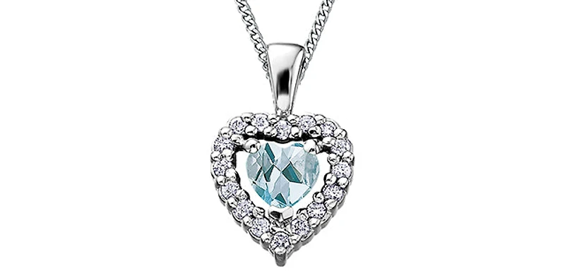 10K White Gold Aquamarine and Diamond Heart Necklace, 18"
