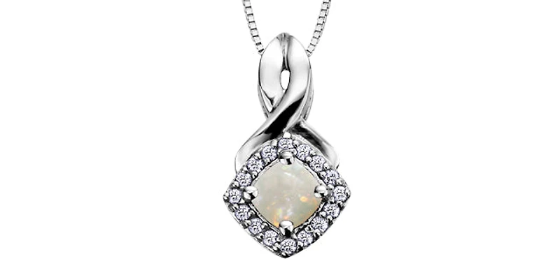 10K White Gold Opal & Diamond Pendant