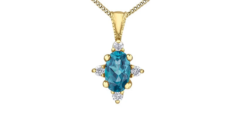10K Yellow Gold Blue Topaz and Diamond Necklace, 18"