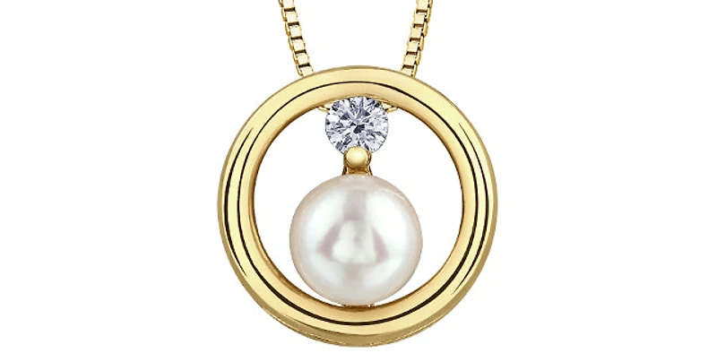 10K Yellow Gold 0.06cttw Canadian Diamond and Pearl Pendant, 18"