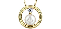 10K Yellow Gold 0.06cttw Canadian Diamond and Pearl Pendant, 18"