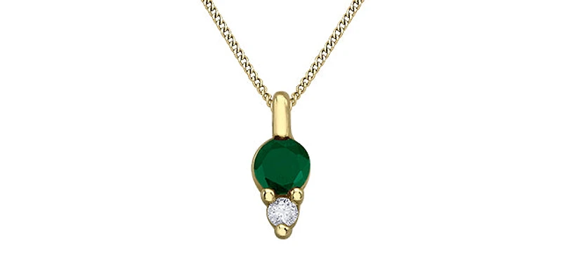 10K Yellow Gold Round Cut Emerald and Diamond Pendant, 18"
