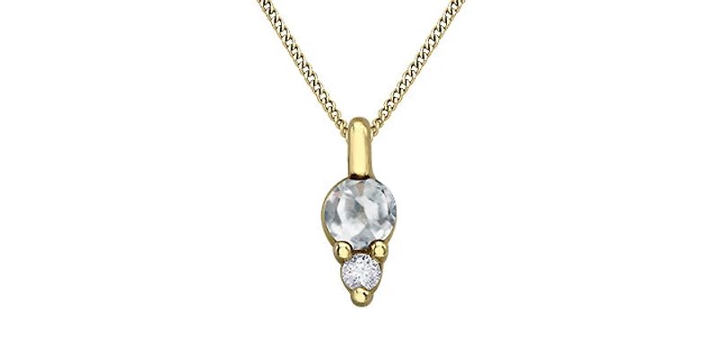 10K Yellow Gold 3mm Round Cut White Topaz Birthstone Pendant - 18 Inches
