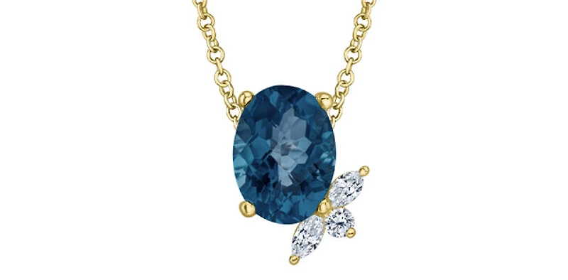 10K Yellow Gold London Blue Topaz and Diamond Pendant, 18"