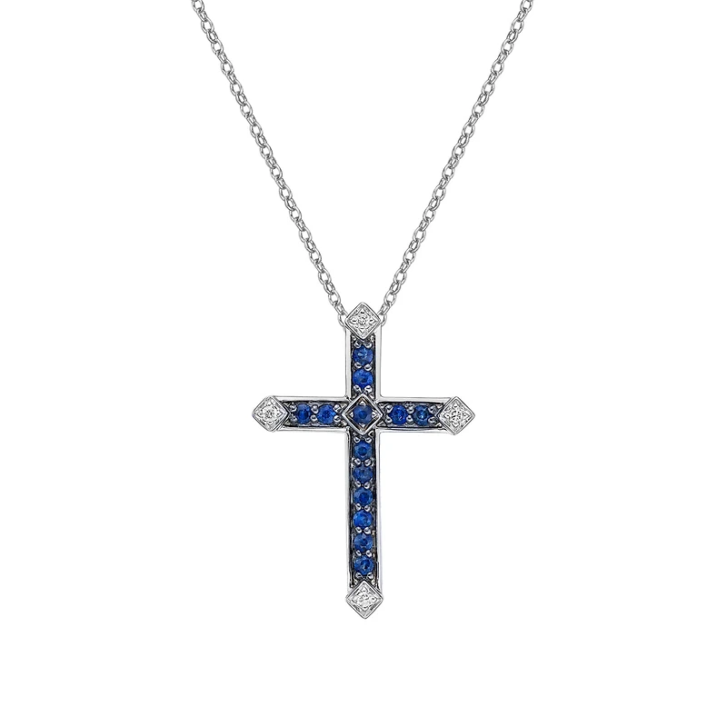 10K White Gold Sapphire & diamond cross pendant