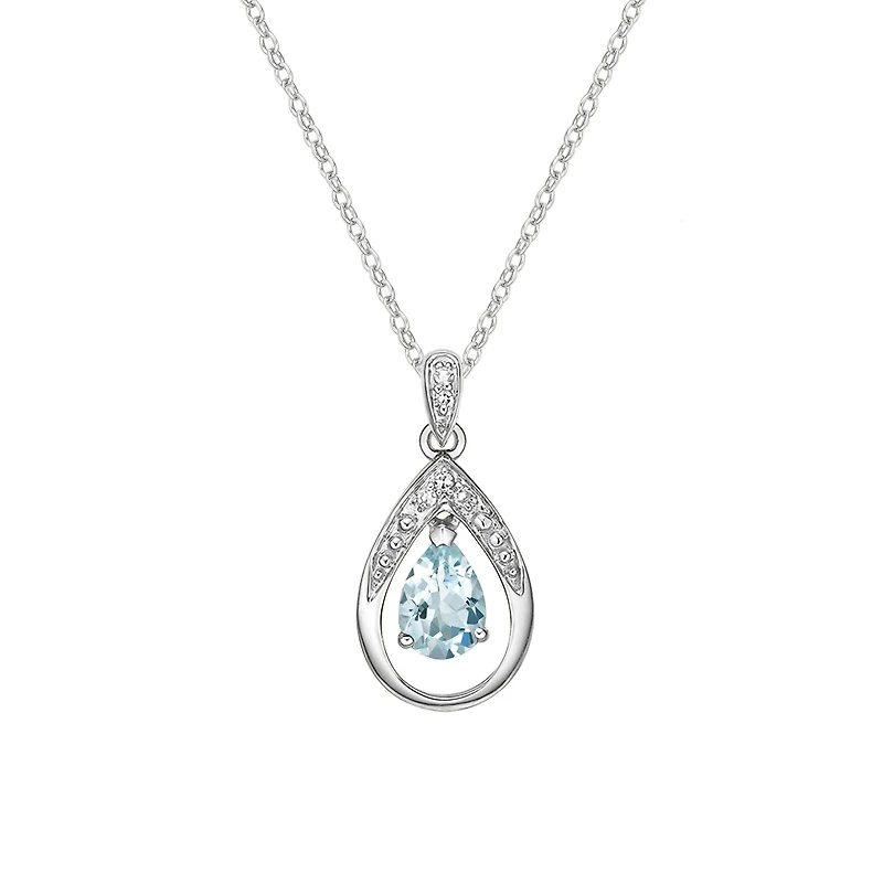 10K White Gold Aquamarine & diamond pendant with chain