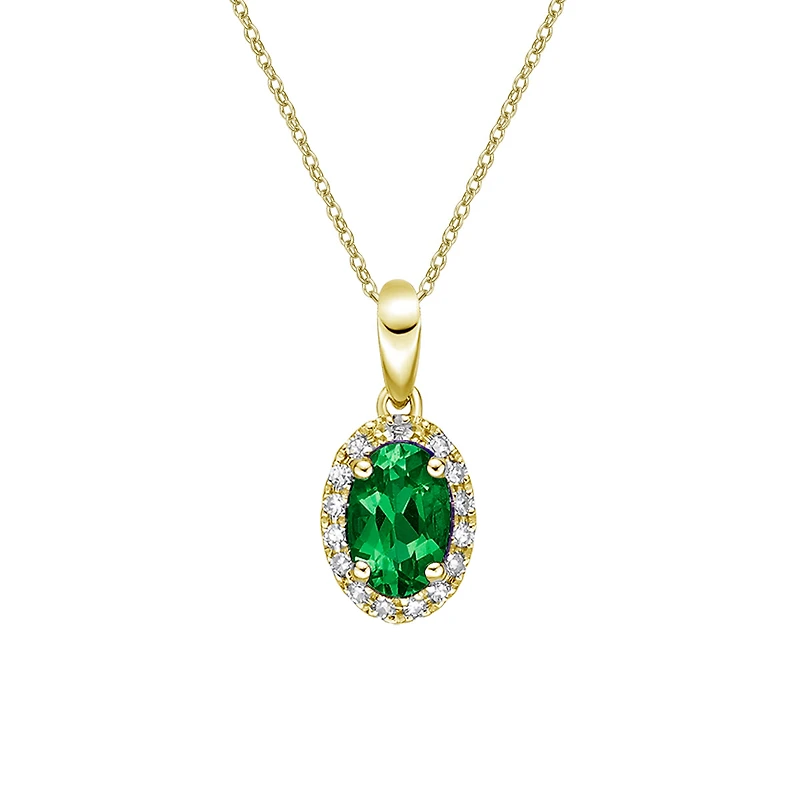 10K Yellow Gold Prong-set Emerald pendant with diamond halo