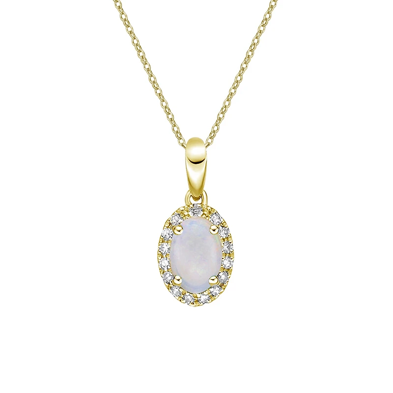 10K Yellow Gold Prong-set White Opal Pendant with Diamond Halo