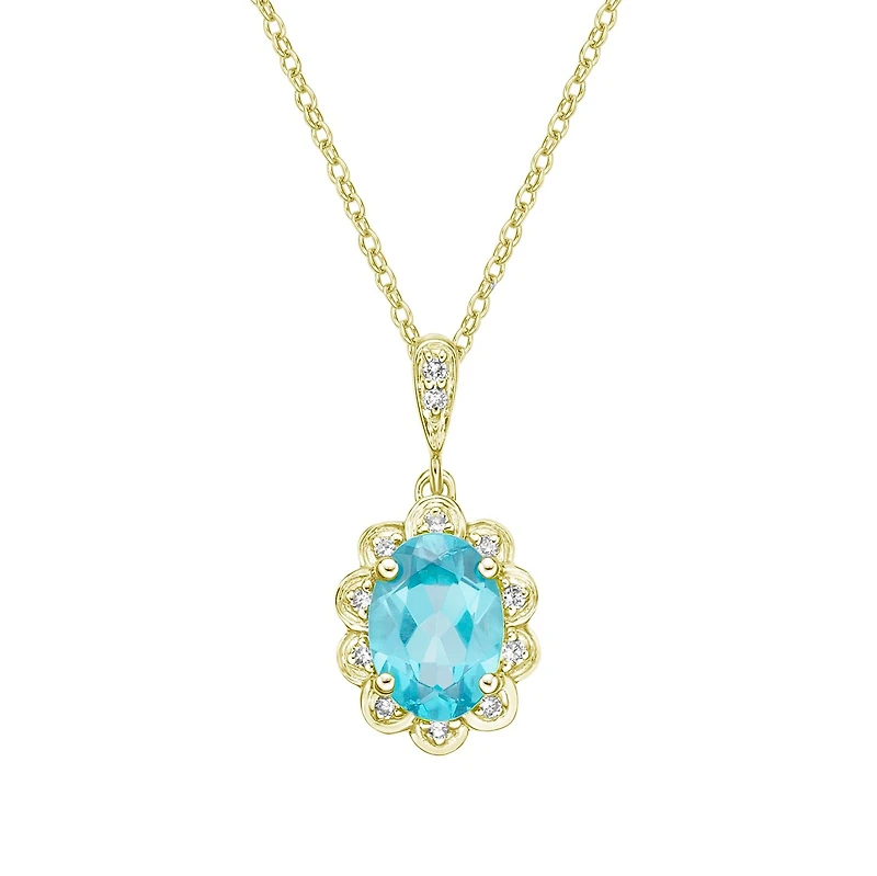 10K Yellow Gold Prong-set Blue Topaz pendant with diamond halo