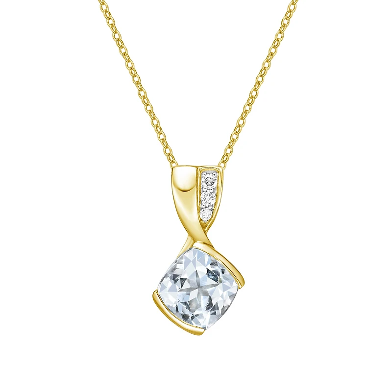 10K Gold Contemporary half-channel Aquamarine & Diamond pendant with chain - yellow gold