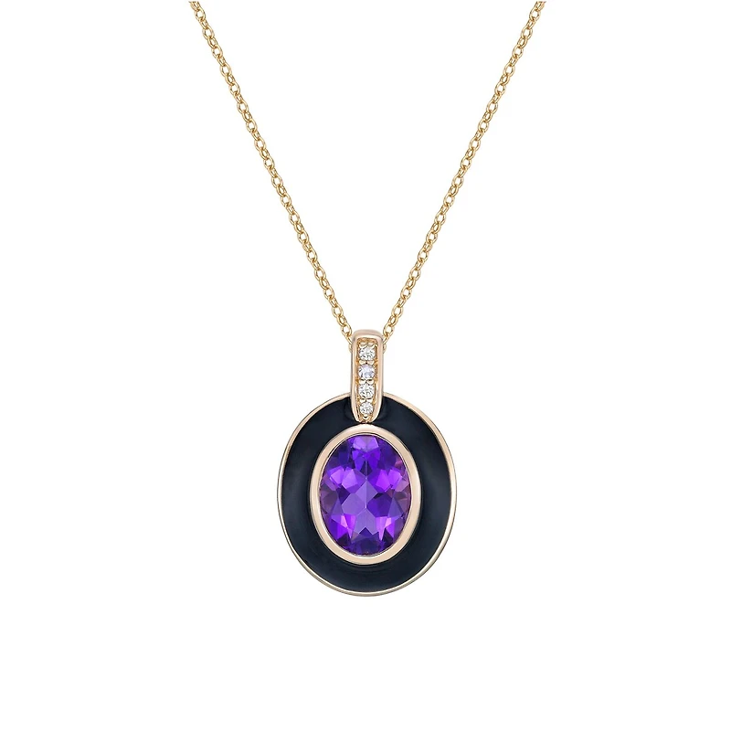 10K Yellow Gold Bezel-set Amethyst and diamond pendant with enamel
