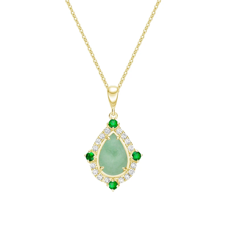 10K Yellow Gold Prong-set Jadeite Pendant with Emeralds & Diamonds