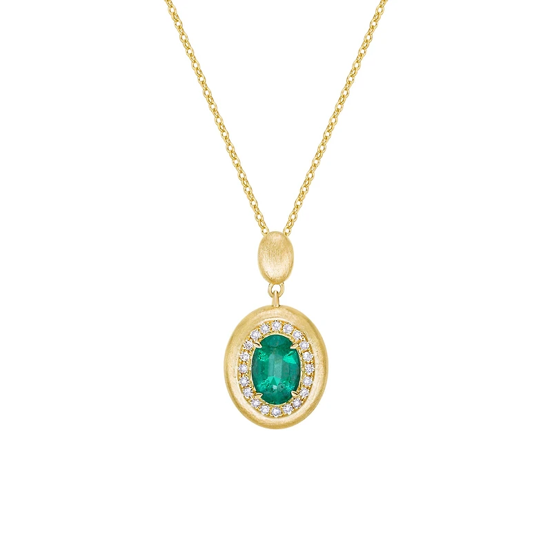 14K Yellow Gold Brushed Emerald & Diamond pendant