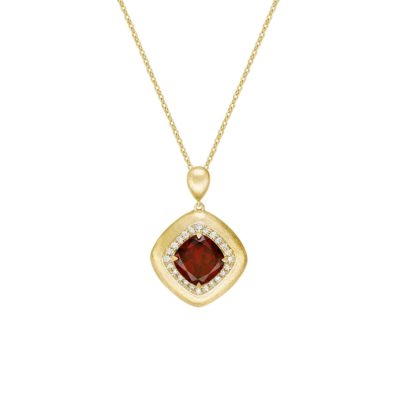 10K Yellow Gold Brushed Garnet & Diamond pendant