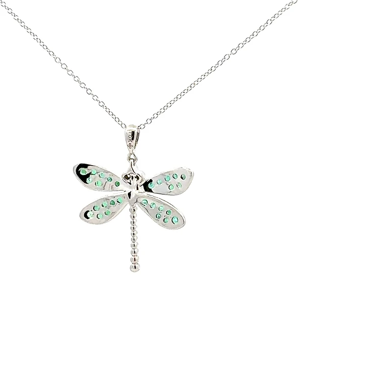 10K White Gold Emerald and Diamond Dragonfly Necklace